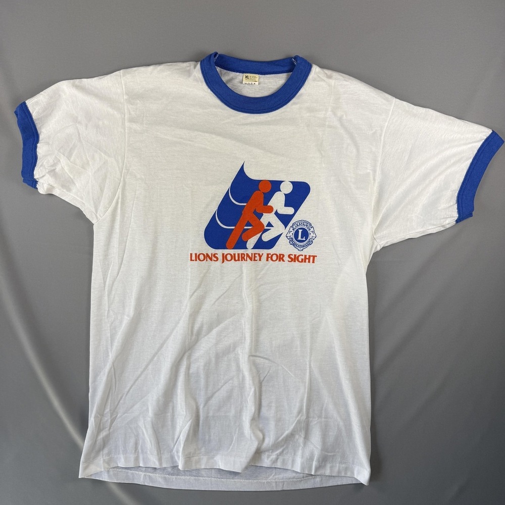 Vintage Screen Stars Shirt Mens XL White Lions Journey For Sight Ringer Tee USA